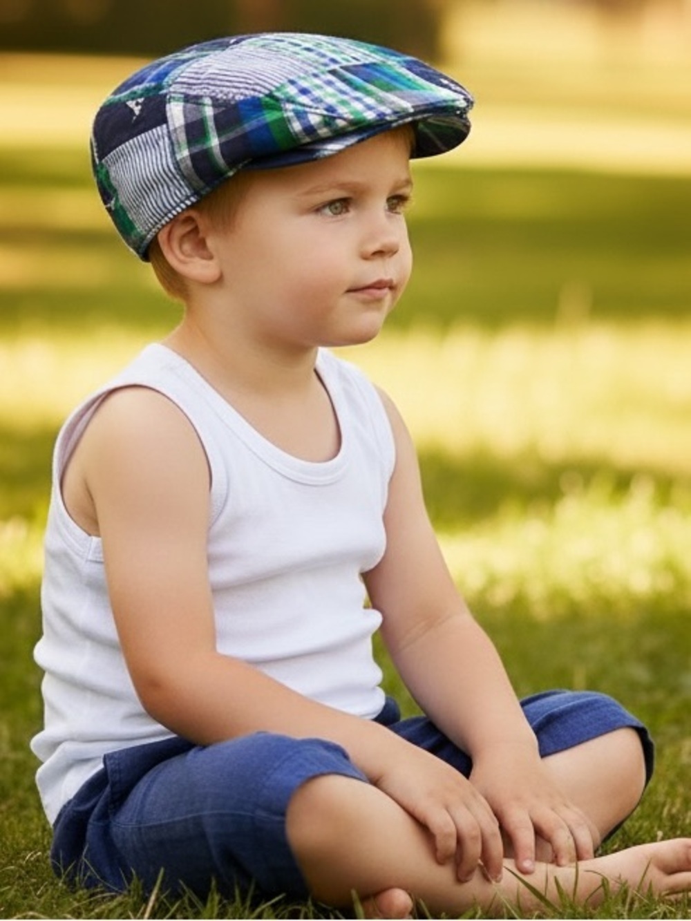 Gymboree Spring Prep Patchwork Plaid Cap Navy, Green & White Sailboats